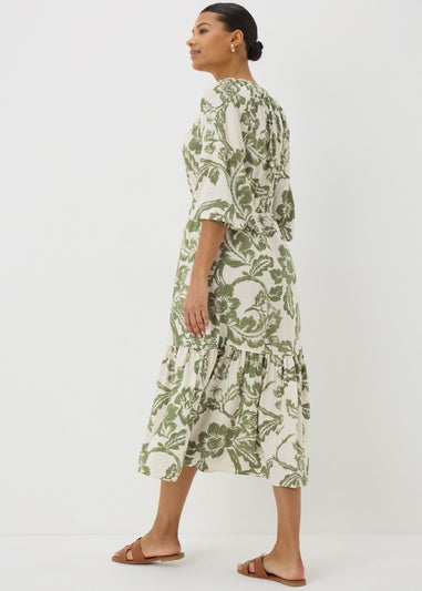 Green Floral Raglan Midi Shirt Dress