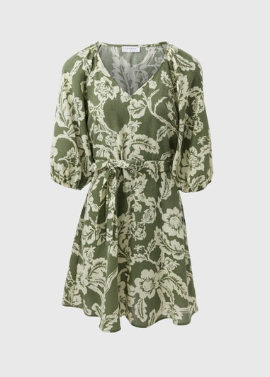 Green Floral Belted Mini Tea Dress