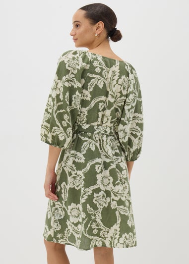 Green Floral Belted Mini Tea Dress