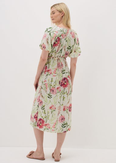 Sage Green Floral Puff Sleeve Tea Midi Dress