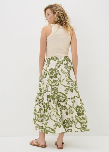 Green Floral Button Front Tiered Midaxi Skirt