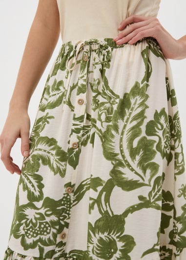 Green Floral Button Front Tiered Midaxi Skirt