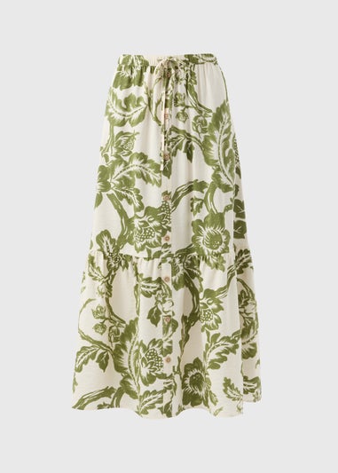 Green Floral Button Front Tiered Midaxi Skirt