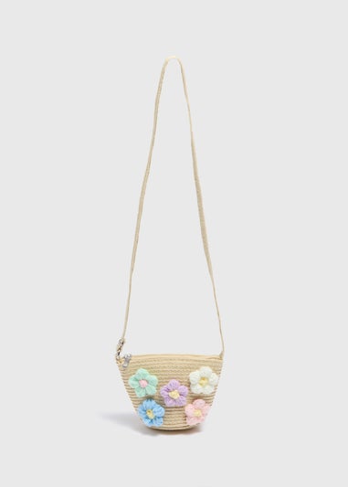 Girls Natural Straw Daisy Crossbody Bag