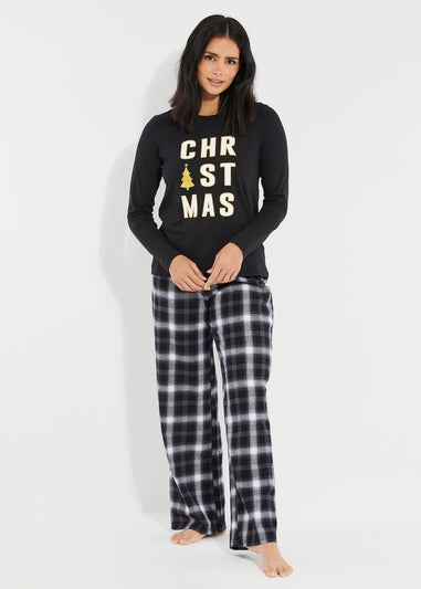 Threadbare Black Harold Cotton Long Sleeve Christmas Check Pyjama Set