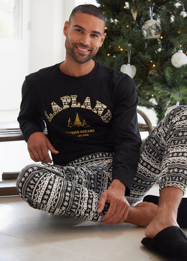 Threadbare Black Cotton Long Sleeve Christmas Fairisle Pyjama Set