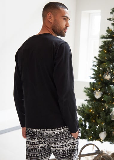 Threadbare Black Cotton Long Sleeve Christmas Fairisle Pyjama Set