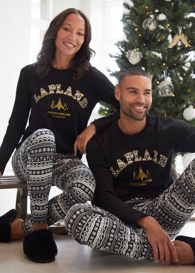 Threadbare Black Cotton Long Sleeve Christmas Fairisle Pyjama Set