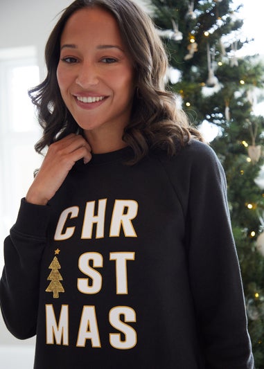 Threadbare Black Herold Christmas Slogan Longline Sweatshirt