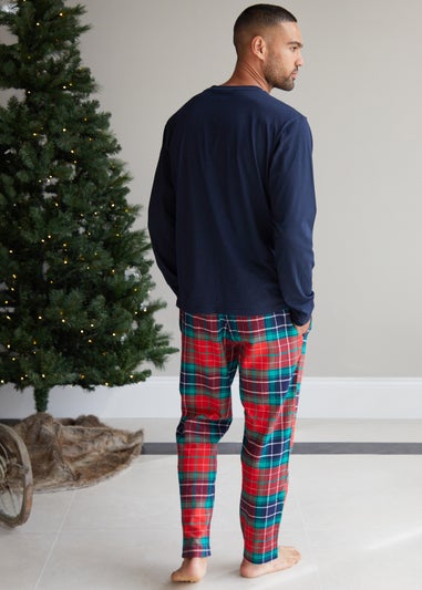 Threadbare Blue Cotton Long Sleeve Christmas Check Pyjama Set