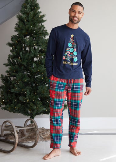 Threadbare Blue Cotton Long Sleeve Christmas Check Pyjama Set