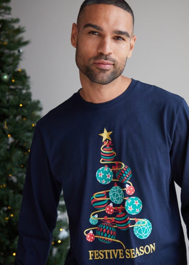 Threadbare Blue Cotton Long Sleeve Christmas Check Pyjama Set
