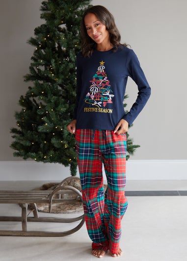 Threadbare Blue Frenchie Cotton Long Sleeve Christmas Check Pyjama Set