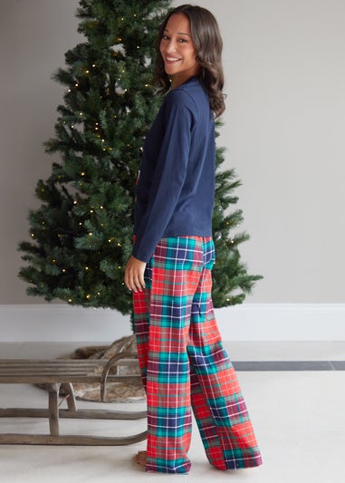 Threadbare Blue Frenchie Cotton Long Sleeve Christmas Check Pyjama Set