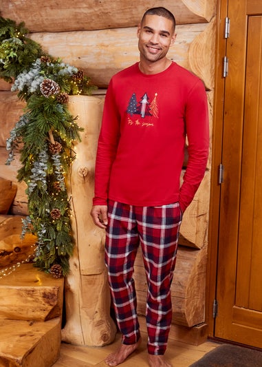 Threadbare Red Cotton Long Sleeve Christmas Check Pyjama Set