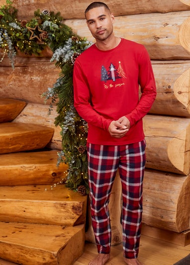 Threadbare Red Cotton Long Sleeve Christmas Check Pyjama Set