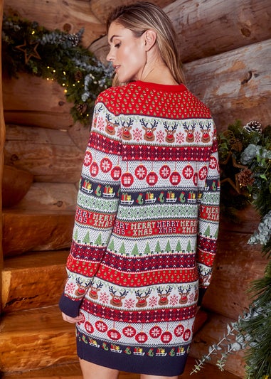 Threadbare Red Reindeer Crew Neck Christmas Jumper Dress