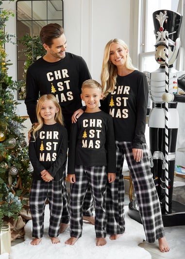 Threadbare Kids Black Cotton Tartan Check Christmas Pyjama Set (5-12 yrs)