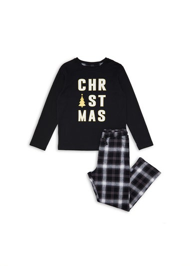 Threadbare Kids Black Cotton Tartan Check Christmas Pyjama Set (5-12 yrs)