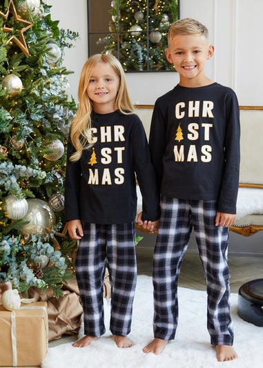 Threadbare Kids Black Cotton Tartan Check Christmas Pyjama Set (5-12 yrs)