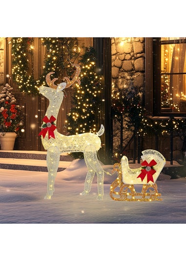 Outsunny White Light Up Reindeer & Sleigh Christmas Decoration 170 LED Lights