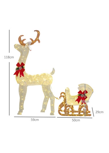 Outsunny White Light Up Reindeer & Sleigh Christmas Decoration 170 LED Lights