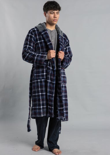 Tokyo Laundry Navy Hooded Check Dressing Gown