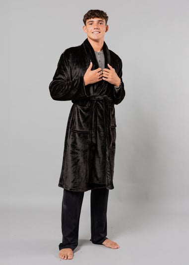 Tokyo Laundry Black Plush Shawl Collar Dressing Gown