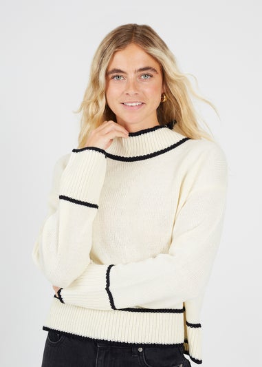 Brave Soul Cream Turtleneck Knitted Jumper with Contrast Trim