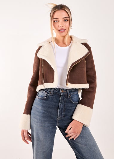 Pink Vanilla Brown Faux Shearling Collar Cropped Jacket