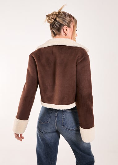 Pink Vanilla Brown Faux Shearling Collar Cropped Jacket