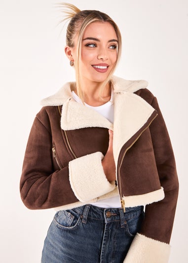 Pink Vanilla Brown Faux Shearling Collar Cropped Jacket