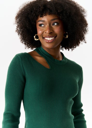 Gini London Dark Green Cut Out Rib Knit Bodycon Midi Dress