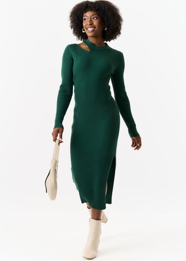 Gini London Dark Green Cut Out Rib Knit Bodycon Midi Dress