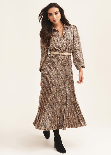 Gini London Snake Print Pleated Shirt Dress With Belt