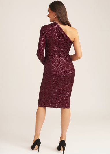 Gini London Plum One Shoulder Draped Sequin Midi Dress