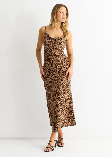 Gini London Brown Animal Print Cami Cowl Midi Dress