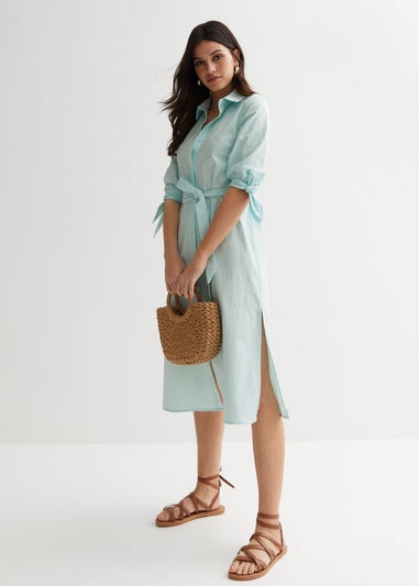 Gini London Blue Linen Tie Sleeves Midi Shirt Dress