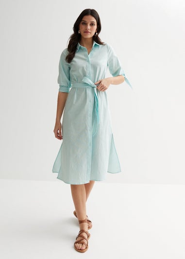 Gini London Blue Linen Tie Sleeves Midi Shirt Dress