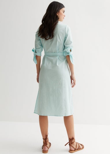 Gini London Blue Linen Tie Sleeves Midi Shirt Dress