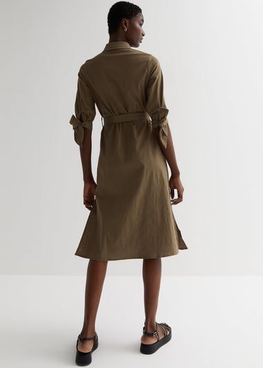 Gini London Khaki Linen Tie Sleeves Midi Shirt Dress