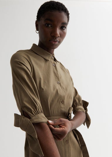 Gini London Khaki Linen Tie Sleeves Midi Shirt Dress