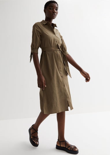 Gini London Khaki Linen Tie Sleeves Midi Shirt Dress