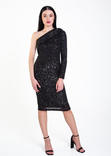 Gini London Black One Shoulder Draped Sequin Midi Dress