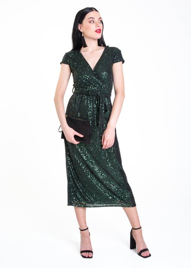 Gini London Green Sequin Belted Midi Wrap Dress