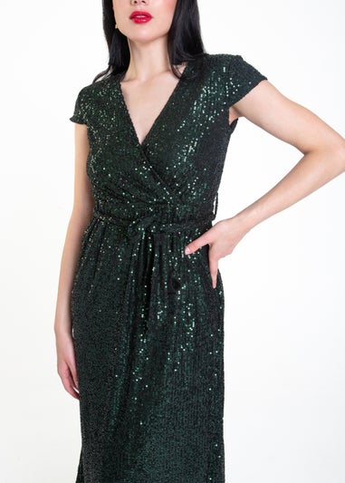 Gini London Green Sequin Belted Midi Wrap Dress