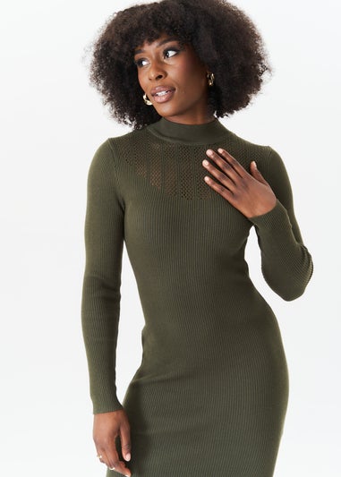 Gini London Khaki Rib Knit High Neck Bodycon Midi Dress