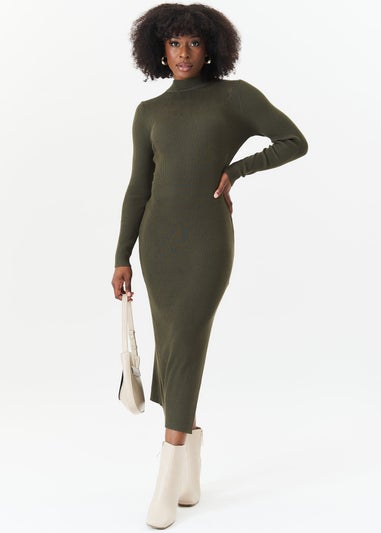 Gini London Khaki Rib Knit High Neck Bodycon Midi Dress