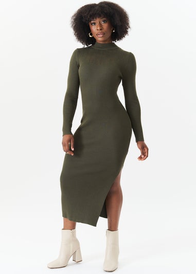 Gini London Khaki Rib Knit High Neck Bodycon Midi Dress