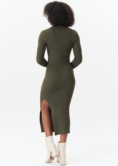 Gini London Khaki Rib Knit High Neck Bodycon Midi Dress